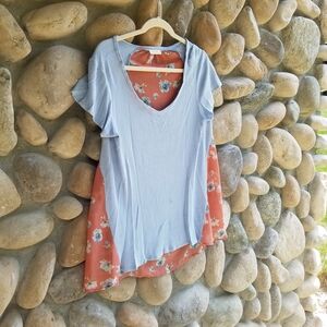 ODDY Sheer Floral Blouse - Blue Coral Feminine Lightweight Staple